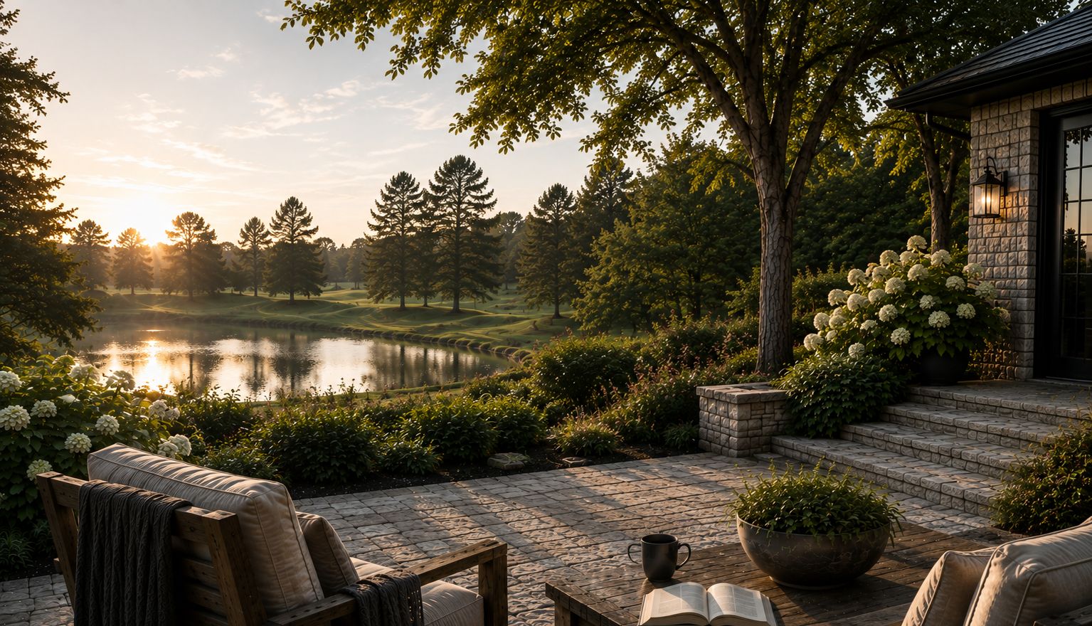 A stone patio at sunset looking out across a landscaped pond, framed by mature trees and hydrangeas, with a lantern-lit stone house to the right.