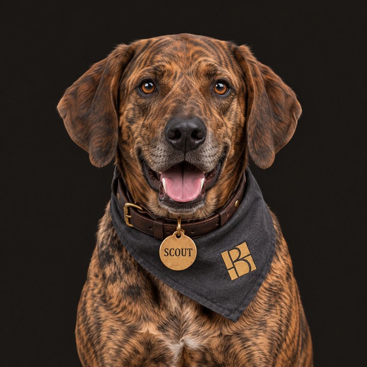 Scout, the Broadleaf mascot: a brindle Plott Hound wearing a charcoal Broadleaf bandana