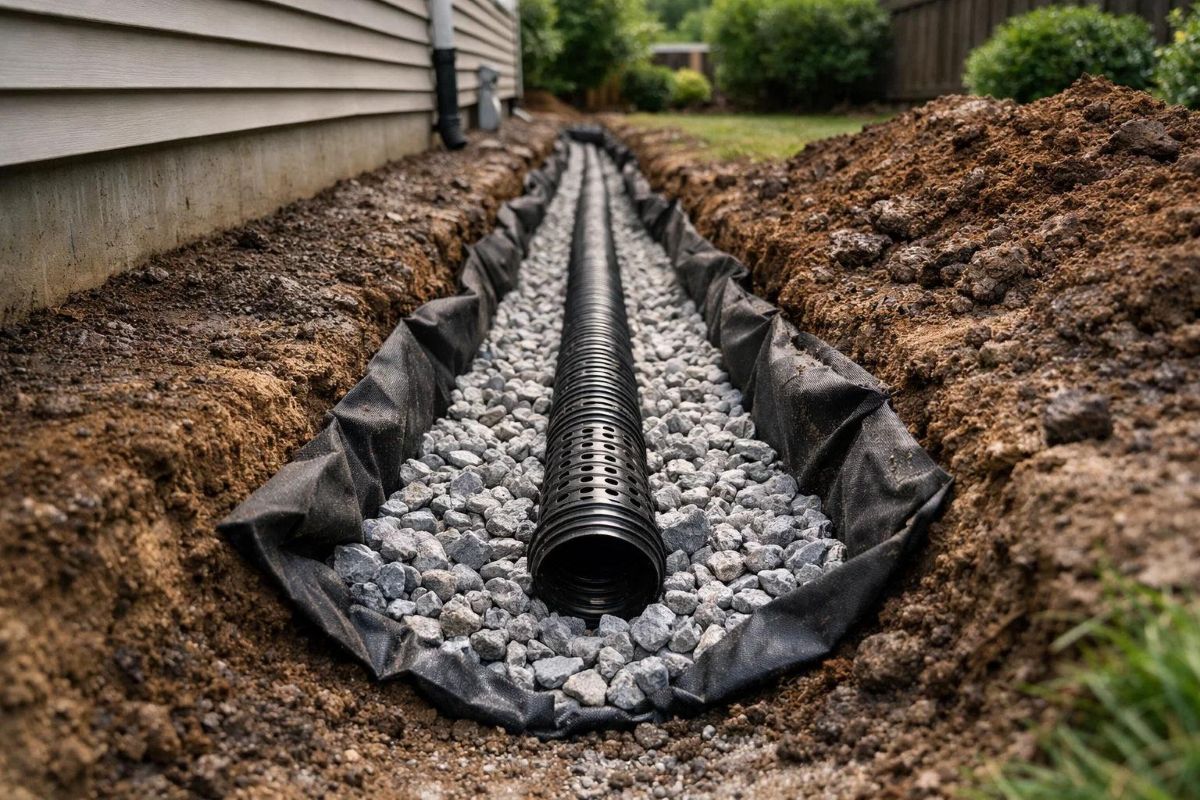 An open trench beside a foundation, lined with filter fabric and gravel around a perforated drain pipe.