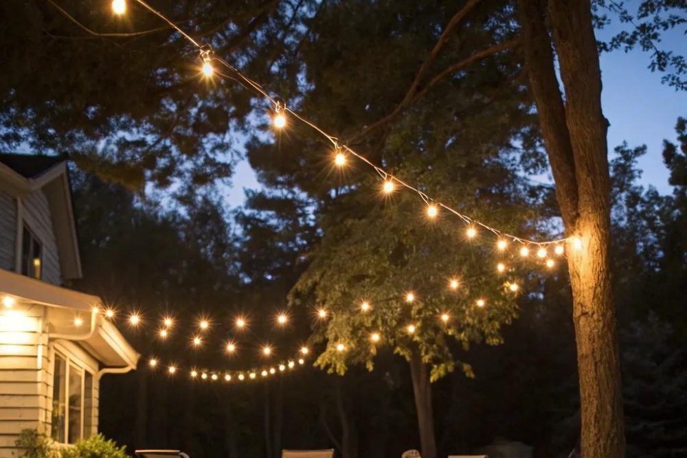 Festoon lights strung above a paver patio at dusk, with a lantern on a side table and a deep blue sky.