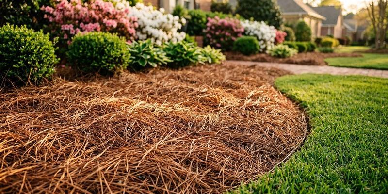 Pine straw bedding refreshed around established shrubs and flowering azaleas.