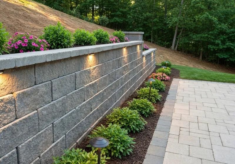 A curved block retaining wall with a capped top, integrated lighting, and planted beds along its base.