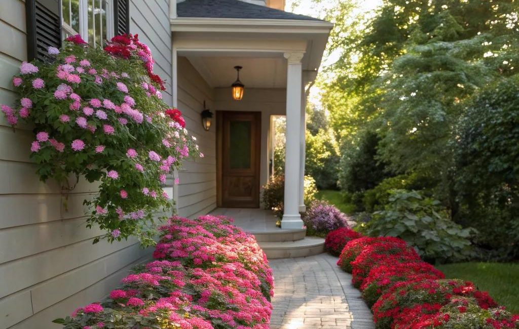 Masses of pink and red annuals bedded along a walkway to a front entry, with a hanging basket above.