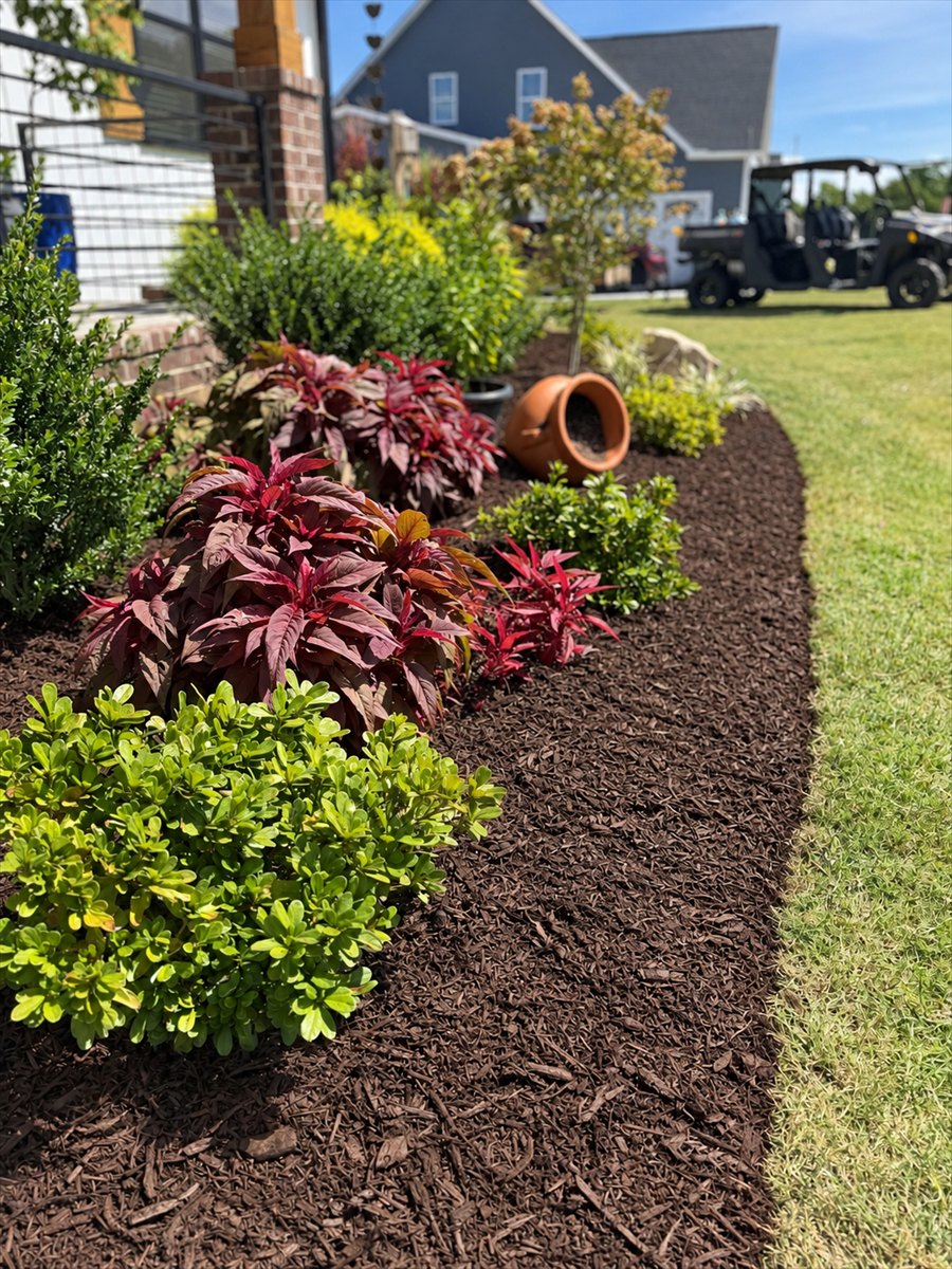 Close view of the same bed, burgundy and lime foliage set between boxwood in fresh dark mulch, with a terracotta pot laid on its side.