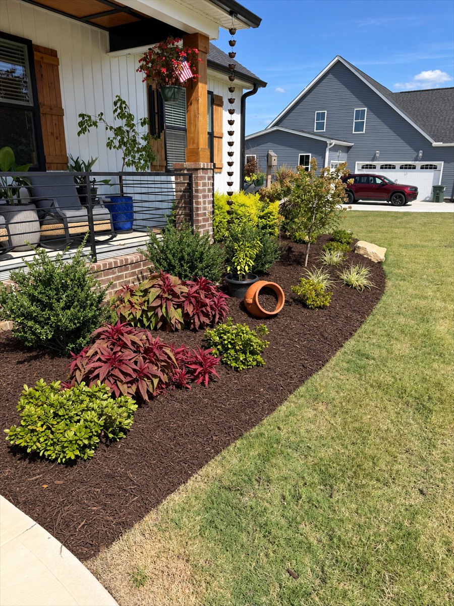 A curved front bed of boxwood, burgundy foliage and lime-green shrubs in fresh dark mulch, running along a porch and cut clean against the lawn.