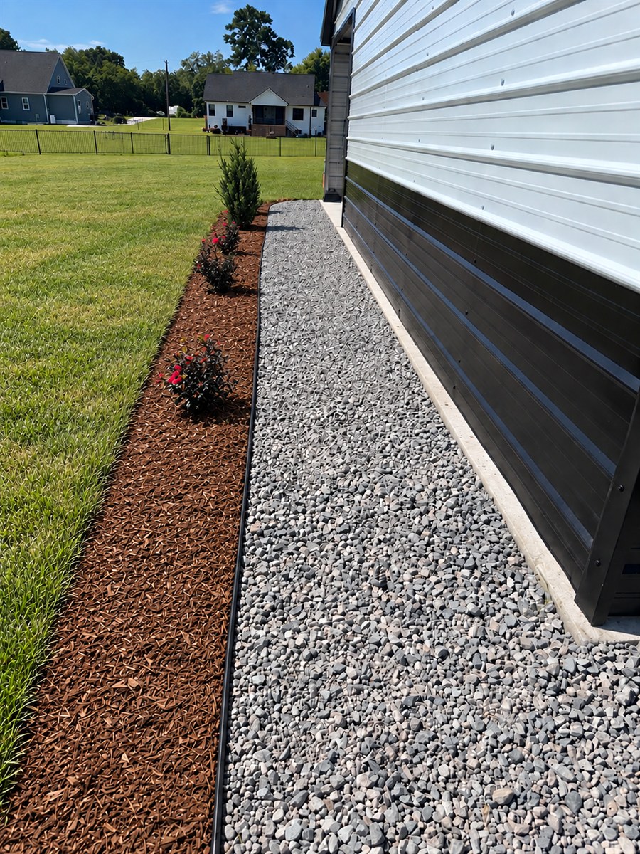 A gray rock border running the length of a white and black metal building, edged in black against a bed of young shrubs in fresh mulch beside a green lawn.